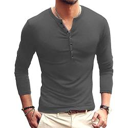 Herren Casual Henley Shirt Langarm Slim Fit Einfarbig Oberteile Basic Rundhals Grandad T-Shirt Knöpfe Tee Tops, grau, M von Ophestin