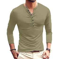 Herren Casual Henley Shirt Langarm Slim Fit Einfarbig Oberteile Basic Rundhals Grandad T-Shirt Knöpfe Tee Tops, grün, S von Ophestin