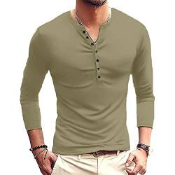 Herren Casual Henley Shirt Langarm Slim Fit Einfarbig Oberteile Basic Rundhals Grandad T-Shirt Knöpfe Tee Tops, grün, XL von Ophestin