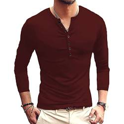 Herren Casual Henley Shirt Langarm Slim Fit Einfarbig Oberteile Basic Rundhals Grandad T-Shirt Knöpfe Tee Tops, rot, M von Ophestin