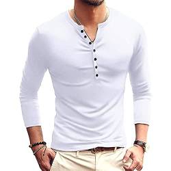 Herren Casual Henley Shirt Langarm Slim Fit Einfarbig Oberteile Basic Rundhals Grandad T-Shirt Knöpfe Tee Tops, weiß, L von Ophestin