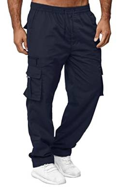 Ophestin Herren Cargohose aus Baumwolle mit 7 Taschen Cargo Chino Lange Regular Fit Cargo Hose Baumwollhose Freizeithose Navy blau, 4XL von Ophestin