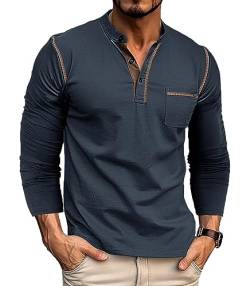 Ophestin Herren Henley Shirt Langarm T Shirt Casual Mode Shirt Knöpfe Tee Top Blau 2XL von Ophestin