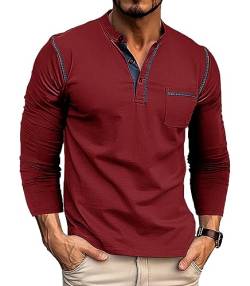 Ophestin Herren Henley Shirt Langarm T Shirt Casual Mode Shirt Knöpfe Tee Top Rot 2XL von Ophestin