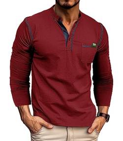 Ophestin Herren Henley Shirt Langarm T Shirt Casual Mode Shirt Knöpfe Tee Top Rot 3XL von Ophestin