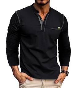 Ophestin Herren Henley Shirt Langarm T Shirt Casual Mode Shirt Knöpfe Tee Top Schwarz 2XL von Ophestin