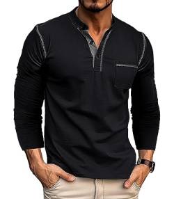 Ophestin Herren Henley Shirt Langarm T Shirt Casual Mode Shirt Knöpfe Tee Top Schwarz 3XL von Ophestin