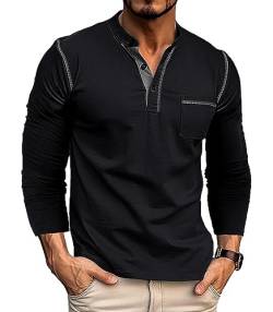 Ophestin Herren Henley Shirt Langarm T Shirt Casual Mode Shirt Knöpfe Tee Top Schwarz M von Ophestin
