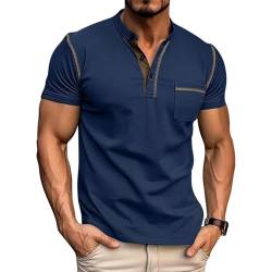 Ophestin Herren Henley Shirts Kurzarm T Shirt Casual Fashion Shirt Knöpfe Tee Top Blau 2XL von Ophestin