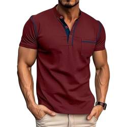 Ophestin Herren Henley Shirts Kurzarm T Shirt Casual Fashion Shirt Knöpfe Tee Top Rot 3XL von Ophestin