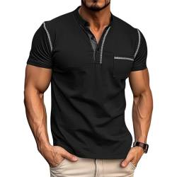 Ophestin Herren Henley Shirts Kurzarm T Shirt Casual Fashion Shirt Knöpfe Tee Top Schwarz 3XL von Ophestin