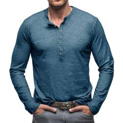 Ophestin Herren Henley Shirts Langarm Vintage Bluse Tops Baumwolle Knopf T Shirts hellblau L von Ophestin