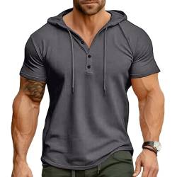 Ophestin Herren Kurzarm Kapuzenpulli Lässige T Shirts Mode Sportliche Hoodies Knopf Sweatshirt Grau 2XL von Ophestin