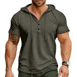 Ophestin Herren Kurzarm Kapuzenpulli Lässige T Shirts Mode Sportliche Hoodies Knopf Sweatshirt Grün 2XL von Ophestin