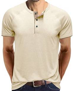 Ophestin Herren-T-Shirt, kurzärmelig, Knopf, Baumwolle, lässiges T-Shirt, beige, XL von Ophestin