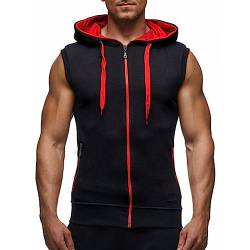 Ophestin Herren ärmellose Hoodies Zip Up Sweatshirt Mode Kordelzug Kontrast Farbe Kapuze Tank Top mit Taschen Rot 3XL von Ophestin