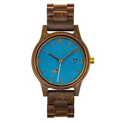 Opis UR-U1: Unisex (Damen/Herren) Retro Holz Armbanduhr aus Schwarzem Sandelholz mit einzigartigem, geprägten Ziffernblatt in Blau mit goldenen Metallelementen (Blau-Gold) von Opis Technology