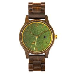 Opis UR-U1: Unisex (Damen/Herren) Retro Holz Armbanduhr aus Schwarzem Sandelholz mit einzigartigem, geprägten Ziffernblatt in Grün mit goldenen Metallelementen (Grün-Gold) von Opis Technology