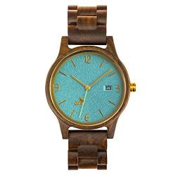 Opis UR-U1: Unisex (Damen/Herren) Retro Holz Armbanduhr aus Schwarzem Sandelholz mit einzigartigem, geprägten Ziffernblatt in Türkis mit goldenen Metallelementen (Türkis-Gold) von Opis Technology