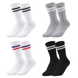 Opopark Unisex Sportsocken, 4 Paar Tennissocken Soft Baumwollsocken 2 Stripes Retro Socken Laufsocken, Socken bis zur Wadenmitte Socken Herren Damen Freizeit und Sport(S Mehrfarbig) von Opopark