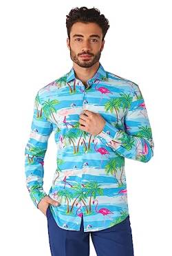 OppoSuits Herrenhemd - Tropical Flamingo Hemd mit Knöpfen - Tailliertes Hemd - Blau und Pink - Langärmliges von OppoSuits