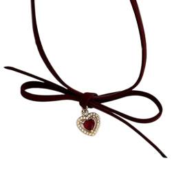 OralGos Elegante Herz-Halskette mit Schleife, elegante Schlüsselbeinkette, Vintage-Choker, süße, coole Halskette, Modeschmuck, PU-Legierung von OralGos