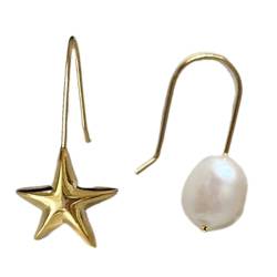 OralGos Elegante Stern-Ohrhänger, stilvolle, asymmetrische Stern-Perlen-Ohranhänger, modischer Ohrschmuck für den täglichen Gebrauch, Nadel aus 925er Silber von OralGos
