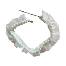 OralGos Halsband mit künstlichen Perlen, Netzstoff, verstellbare Rüschenkante, Schlüsselbein-Halskette für Damen, elegante Party-Halskette von OralGos