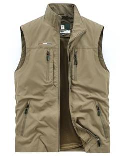 Oralidera Herren Outdoor Weste mit Vielen Taschen Anglerweste Safariweste Jagdweste Multifunktionsweste Freizeit Ärmellose Jacke Leicht Sommer Weste, A-Khaki, XL von Oralidera