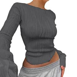 Damen Bluse Y2 K Sexy Rückenfreies Oberteil Slim Fit Crop Top Langarmshirt Crewneck Taillierte T-Shirts Casual Retro Streetwear Bauchfrei Enge Oberteile Rundhal Pullover Teenager (06-Dark Gray, S) von Orbgons