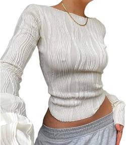 Damen Bluse Y2 K Sexy Rückenfreies Oberteil Slim Fit Crop Top Langarmshirt Crewneck Taillierte T-Shirts Casual Retro Streetwear Bauchfrei enge Oberteile Rundhal Pullover Teenager Mädchen (02-White, S) von Orbgons