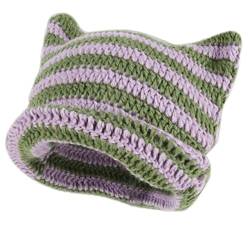 Damen Winter Katzenohren Hüte Strickmütze Weiche Slouchy Gestreifte Strickmütze Trendige Warme Gehäkelte Geflochtene Strickmützen Häkelmütze Katze Hut Vintage Mütze Geflochten (05-Purple, One Size) von Orbgons