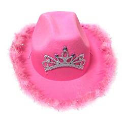 Orbgons Rosa Hut mit Feder, Flauschiger Federrand, Erwachsenengröße, Cowboyhut mit Federn für Bachelorette-Kostümparty, Spiel-Anzieh-Outfits für Frauen Damen Hüte Winter (Hot Pink, One Size) von Orbgons
