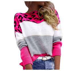 Pullover Damen Strickpullover Lässige Rundhals Langarm Pulli Damen Leopard Print Strickpullover Elegantes Stricktop Patchwork Oberteile Langarmshirt Warme Blusen Oberteile Herbst (04-Hot Pink, M) von Orbgons