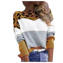 Pullover Damen Strickpullover Lässige Rundhals Langarm Pulli Damen Leopard Print Strickpullover Elegantes Stricktop Patchwork Oberteile Langarmshirt Warme Blusen Oberteile Herbst Winter (02-Yellow, L) von Orbgons