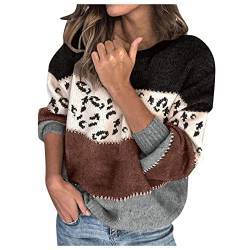 Pullover Damen Strickpullover Lässige Rundhals Langarm Pulli Damen Leopard Print Strickpullover Elegantes Stricktop Patchwork Oberteile Langarmshirt Warme Blusen Oberteile Herbst Winter Sweatshirt von Orbgons