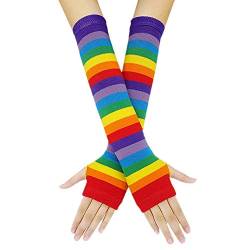 Punk Gothic Rock Lange Armwärmer Fingerlose Handschuhe in Regenbogenfarben, Karneval Cosplay Handschuhe, Mädchen Gestreifte Hohe Socken Regenbogen Lange Socken Armwärmer (Handschuhe, One Size) von Orbgons