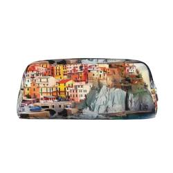 Cinque Terre Landschaft Bedrucktes Federmäppchen Leder Make-up Tasche Tragbare Reise Kulturbeutel Reißverschluss Kleine Aufbewahrungstasche für Frauen Mädchen, silber, Einheitsgröße, Kulturbeutel von OrcoW