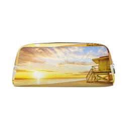 Golden Sunset Beach Printed Pencil Case Leather Makeup Bag Portable Travel Toiletry Bag Zipper Small Storage Bag for Women Girls, silber, Einheitsgröße, Kulturbeutel von OrcoW