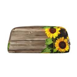 Sunflowers On Wooden Board Printed Pencil Case Leather Makeup Bag Portable Travel Toiletry Bag Zipper Small Storage Bag for Women Girls, gold, Einheitsgröße, Kulturbeutel von OrcoW