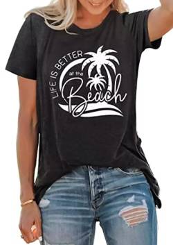 Beach Heartbeat Sommer T-Shirt für Damen Grafik Lose Bluse Tops Kurzarm Casual Tees Tops, Dunkelgrau3, Klein von Oriental Pearl