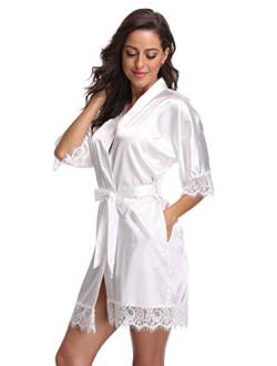 Original Kimono Damen lace-getrimmte satin kurze kimono robe bademantel lounge Weiß Small von Original Kimono