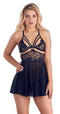 Orion Babydoll und String - sexy Reizwäsche für Frauen, verführerischer Zweiteiler, Strass, Spitze und Power-Net, eng anliegend, schwarz (XL) von Orion