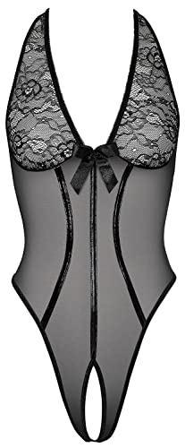 Orion Body - erotischer Neckholder-Stringbody für Frauen, mit floraler Spitzen-Verzierung, Samt-Schleife, Öffnung im Schritt, kurvenbetont, schwarz von Orion