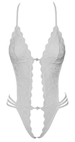 Orion Dessous-Body - verführerischer String-Body für Frauen, mit floralen Spitzen-Verzierungen, tiefes Dekolleté, ouvert geschnitten, weiß von Orion