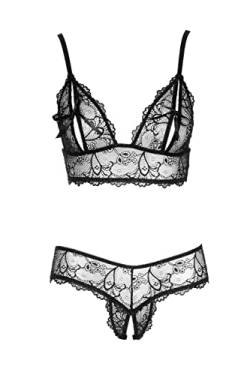 Orion Dessous-Set - verführerisches Spitzenwäsche-Set für Frauen, mit erotischem BH und String, in transparenter Spitzen-Optik und Cut-Outs, schwarz (S) von Orion