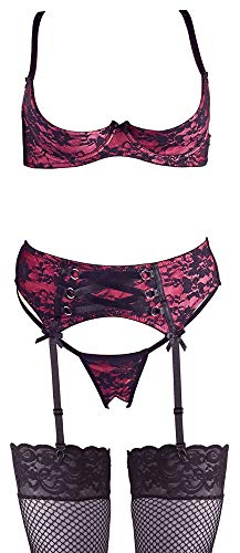 Orion Hebe-Strapsset - 3-teiliges Dessous-Set für Frauen, mit brustfreiem BH, Ouvert-String und Strapsgurt, aus Satin-Stoff und Spitze, schwarz/pink (L) von Orion