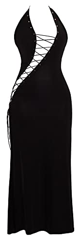 Orion Kleid - erotisches Neckholder-Kleid für Frauen, mit offener, diagonaler Kreuz-Schnürung, tiefes Dekolleté, rückenfrei, schwarz von Orion