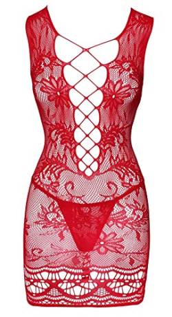 Orion Minikleid - erotisches Dessous-Set für Frauen, mit Spitzen-Kleid und knappen Rio-String, tiefem Dekolleté, dehnbar, figurbetont, ärmellos, rot von Orion