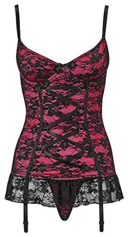 Orion Strapshemd und String - sexy Reizwäsche für Frauen, erotischer Zweiteiler mit Tanga und Strapshaltern, eng anliegend, schwarz/pink (75B/ S) von Orion